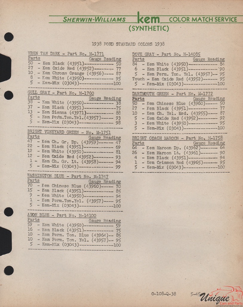 1938 Ford Paint Charts Sherwin-Williams 3